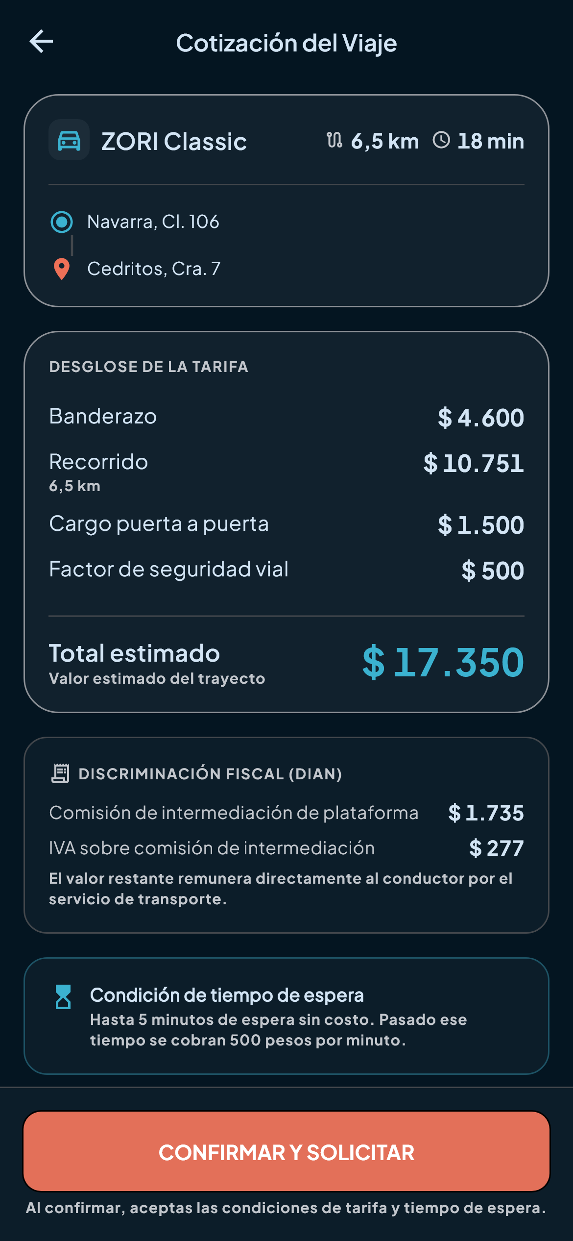 Pantalla de cotización con el desglose completo de la tarifa.