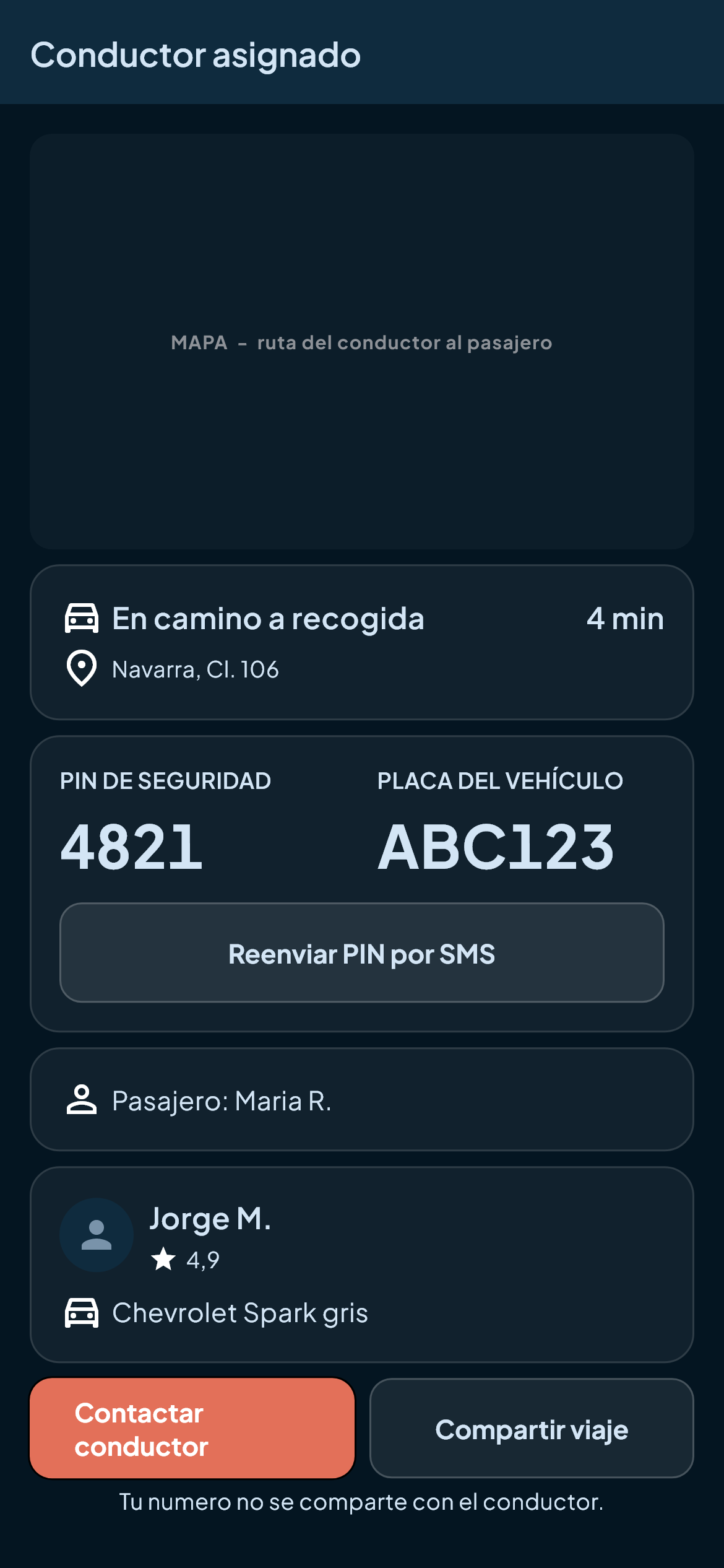 Pantalla de ZORI con el PIN de seguridad y la placa del vehículo.
