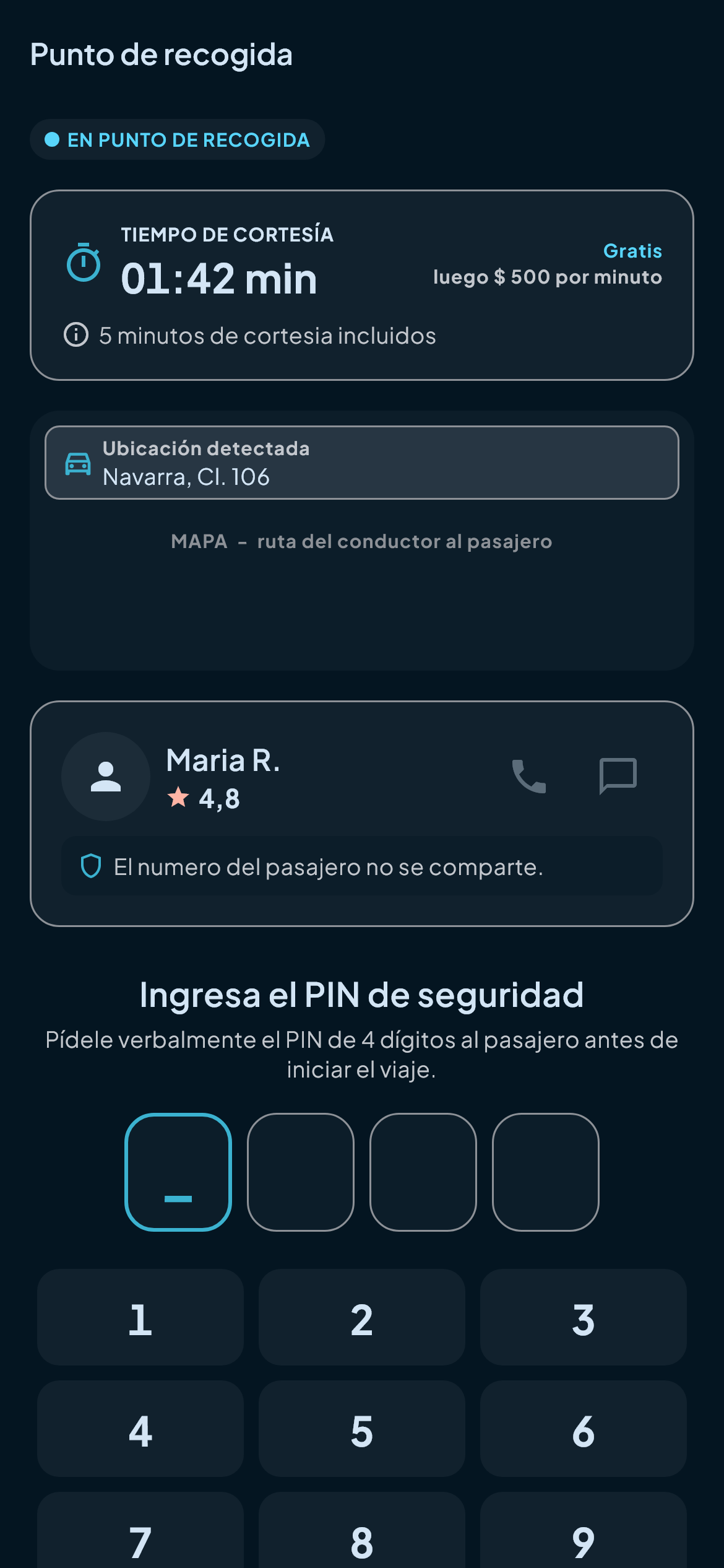Pantalla del conductor para validar el PIN del pasajero.