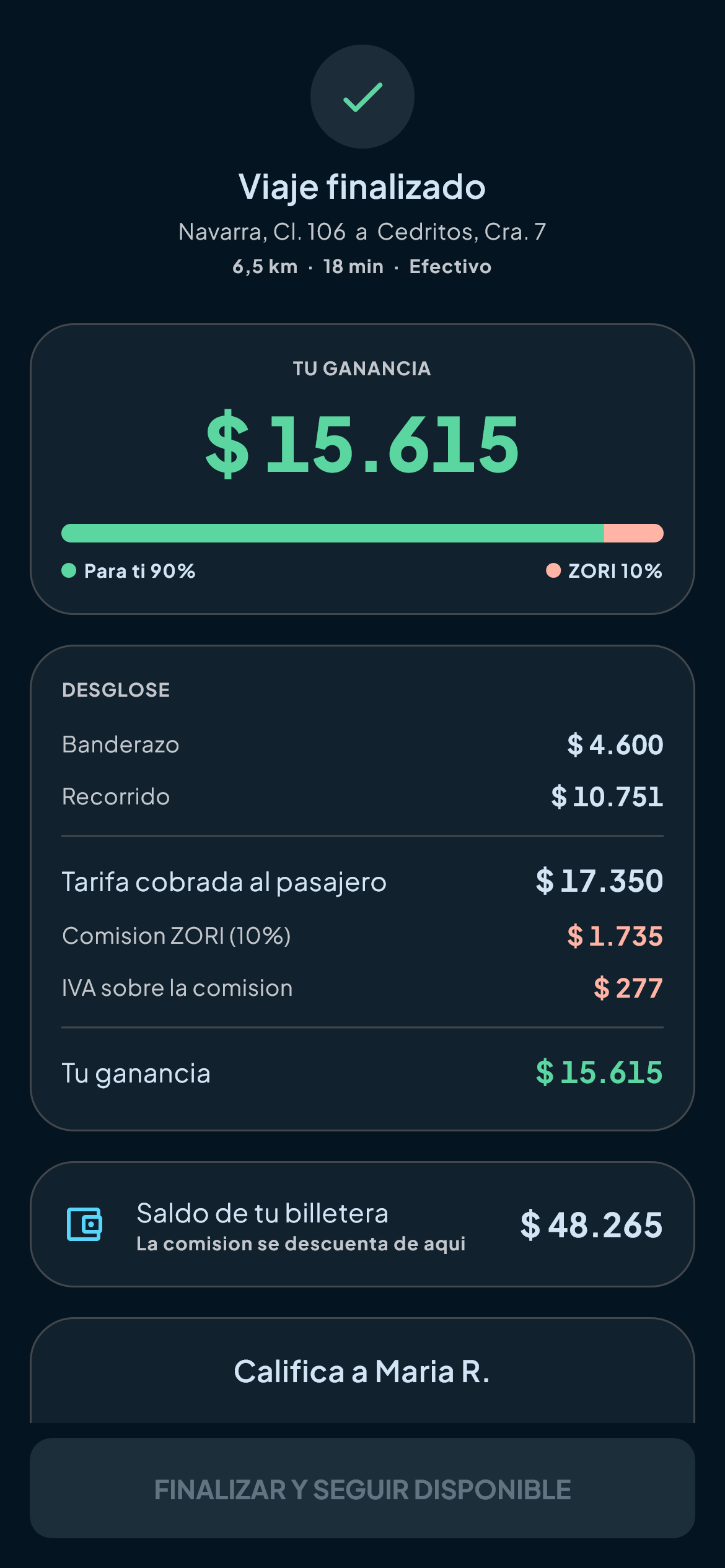 Pantalla de liquidación con la tarifa total, la comisión, sus impuestos y el neto del conductor.